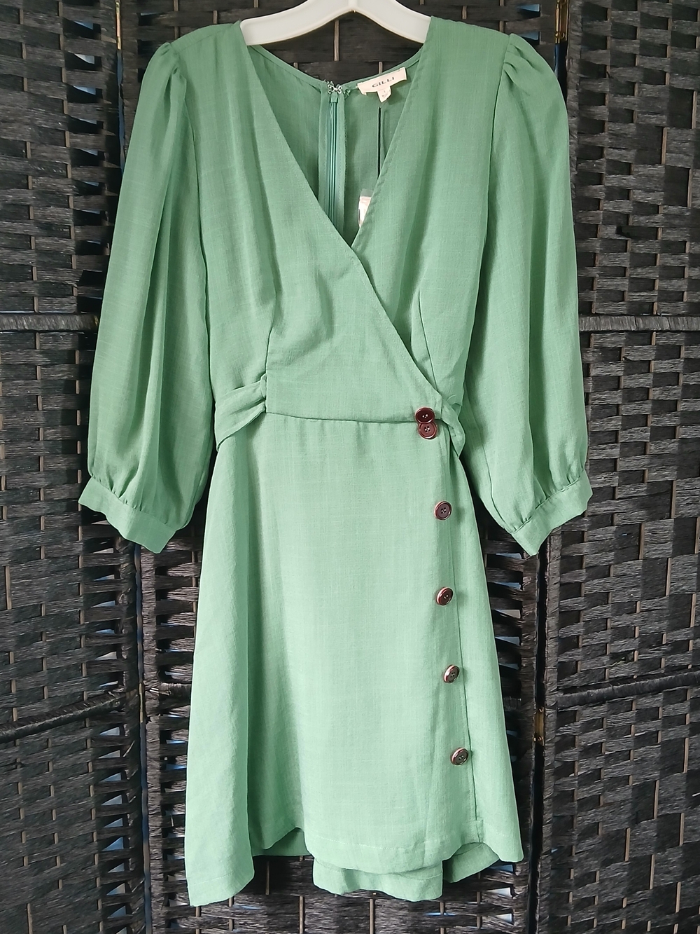 NWT Gilli Sage Green Wrap Midi Dress with Button Detail Womens SZ L